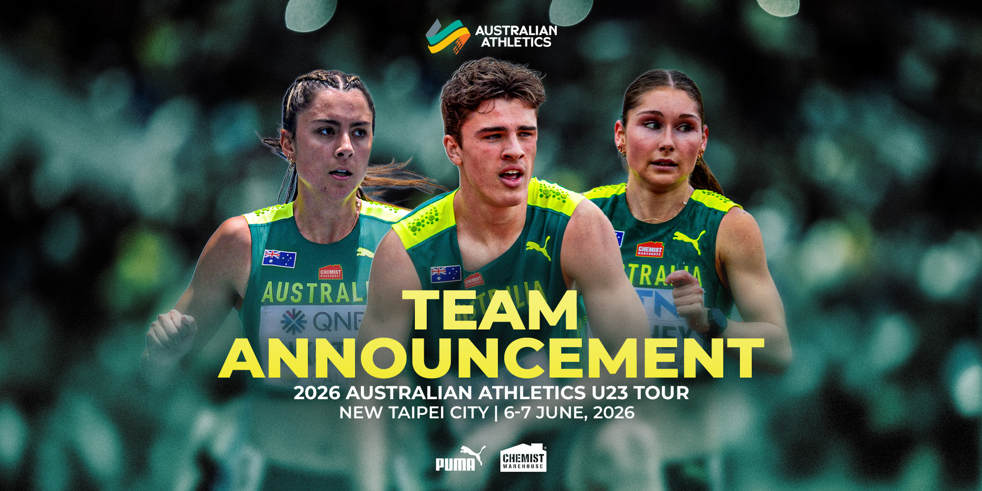 Promotional banner showing three Australian runners in green uniforms with bold 'TEAM ANNOUNCEMENT' text and event details for the 2026 U23 Tour.
