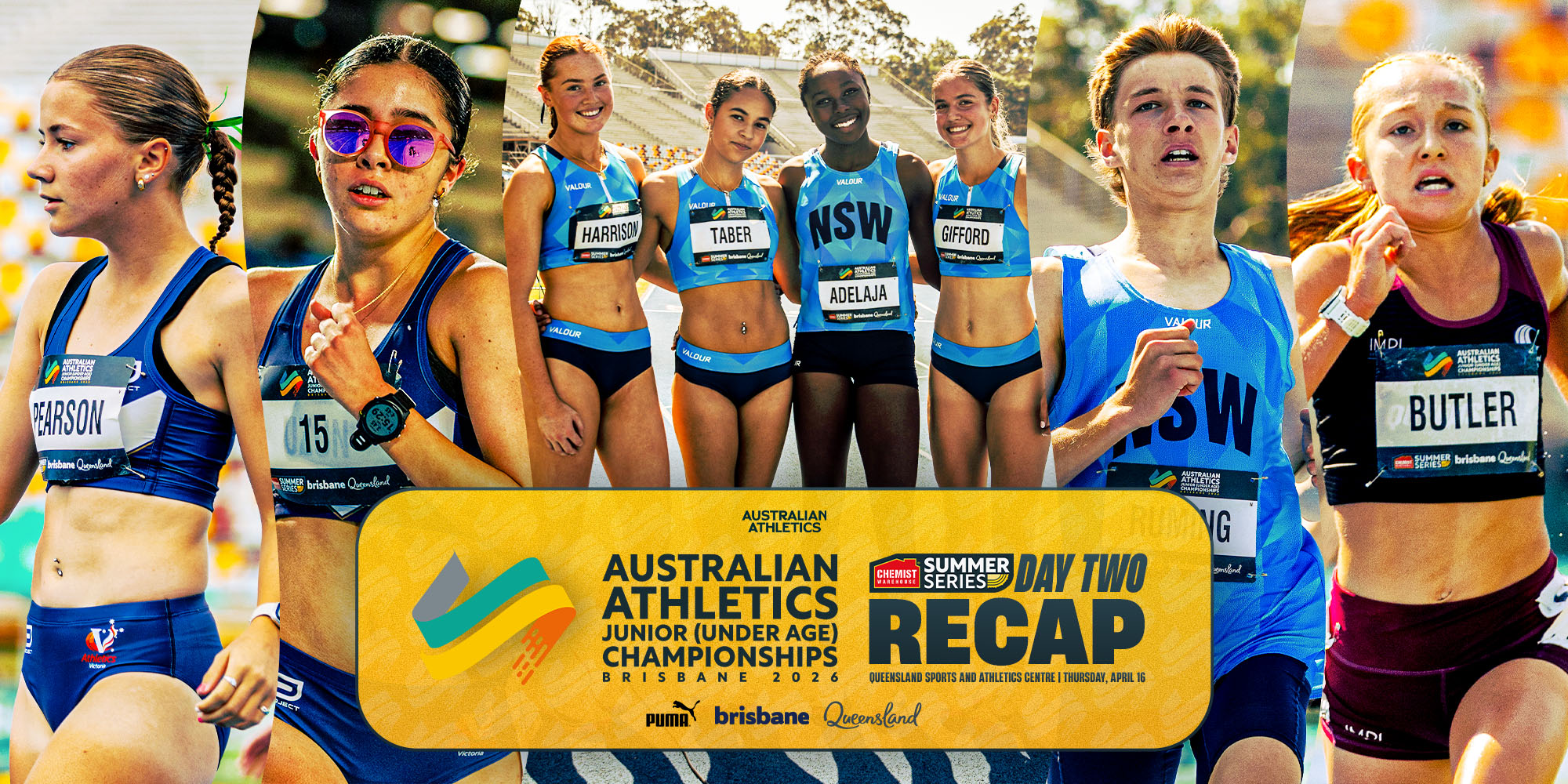 Group of female runners in blue uniforms posing together at the Australian Athletics Junior Championships Brisbane 2026, Day Two Recap banner in front.