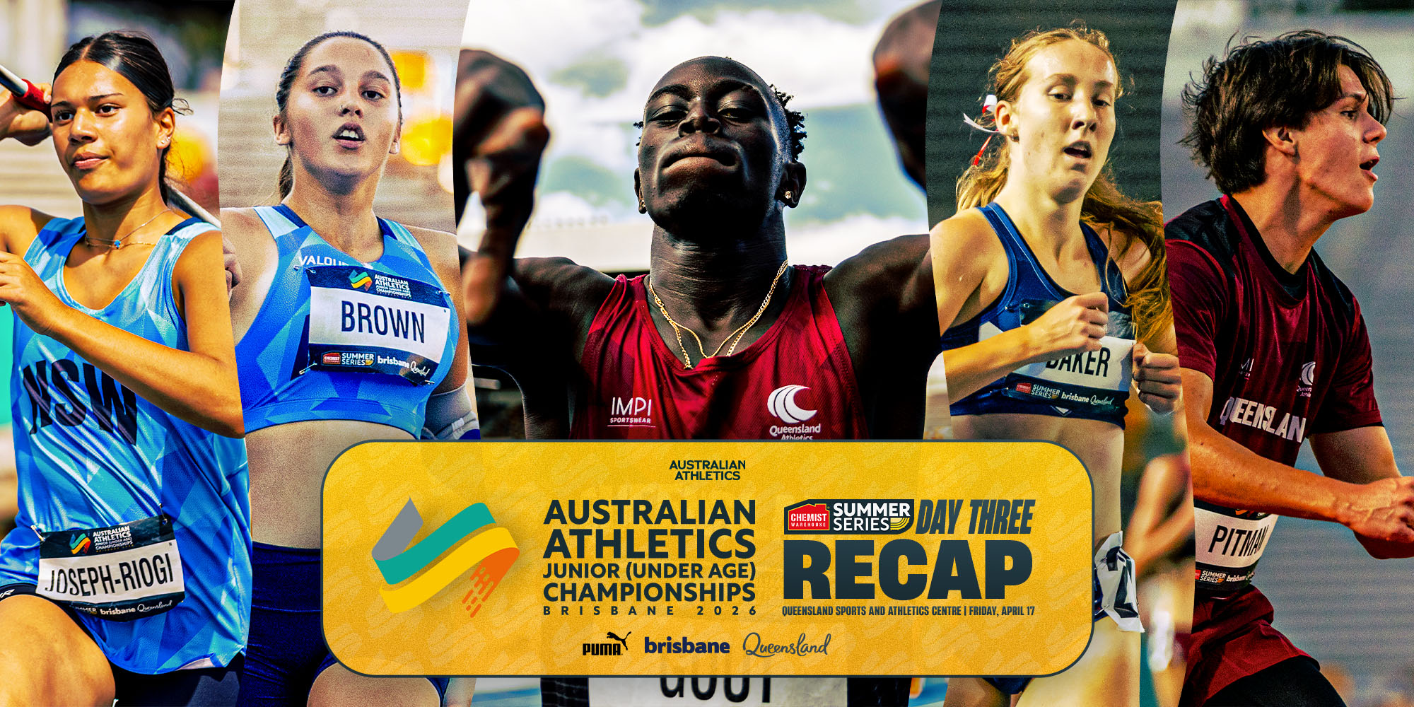 Collage of five junior athletes racing, with a yellow banner reading 'Australian Athletics Junior Championships Brisbane 2026 – Day Three Recap' in the center