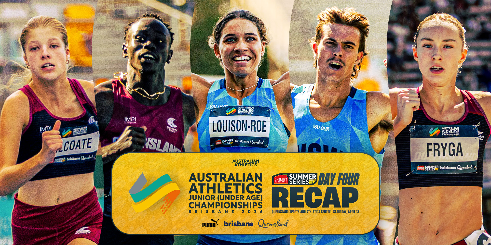 Five young athletes sprinting in colorful uniforms, with a yellow banner reading 'Australian Athletics Junior Championships Brisbane 2026' and 'Day Four Recap'.