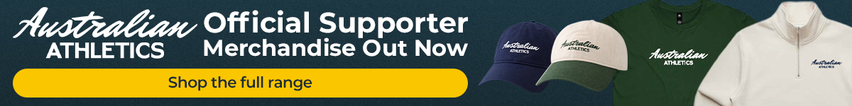Official Supporter Merchandise banner for Australian Athletics featuring hats and apparel with a yellow 'Shop the full range' button.