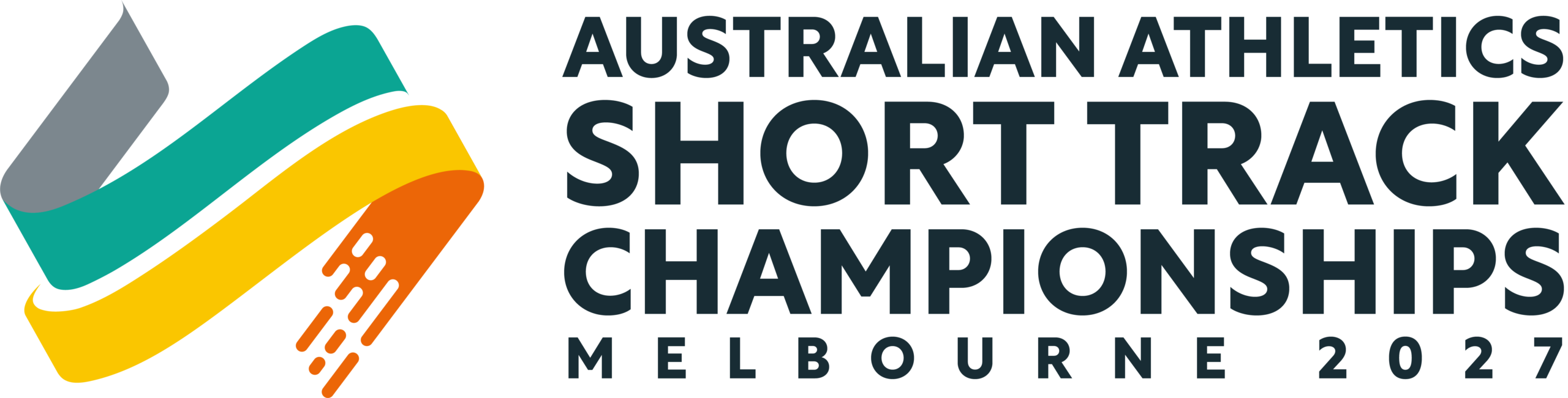 Logo for Australian Athletics Short Track Championships Melbourne 2027 with a multicolor stylized ribbon and track marks.