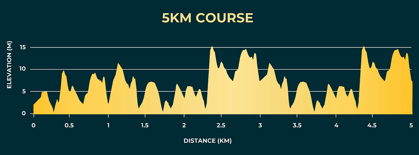 Elevation profile for a 5 km route showing frequent climbs up to about 15 m.