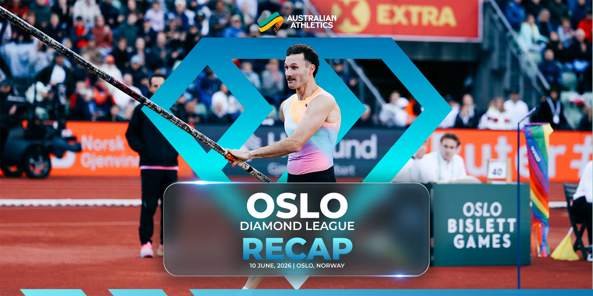 Athlete on a red track preparing a pole vault, with a teal geometric overlay and a banner reading 'OSLO DIAMOND LEAGUE RECAP' in the foreground.