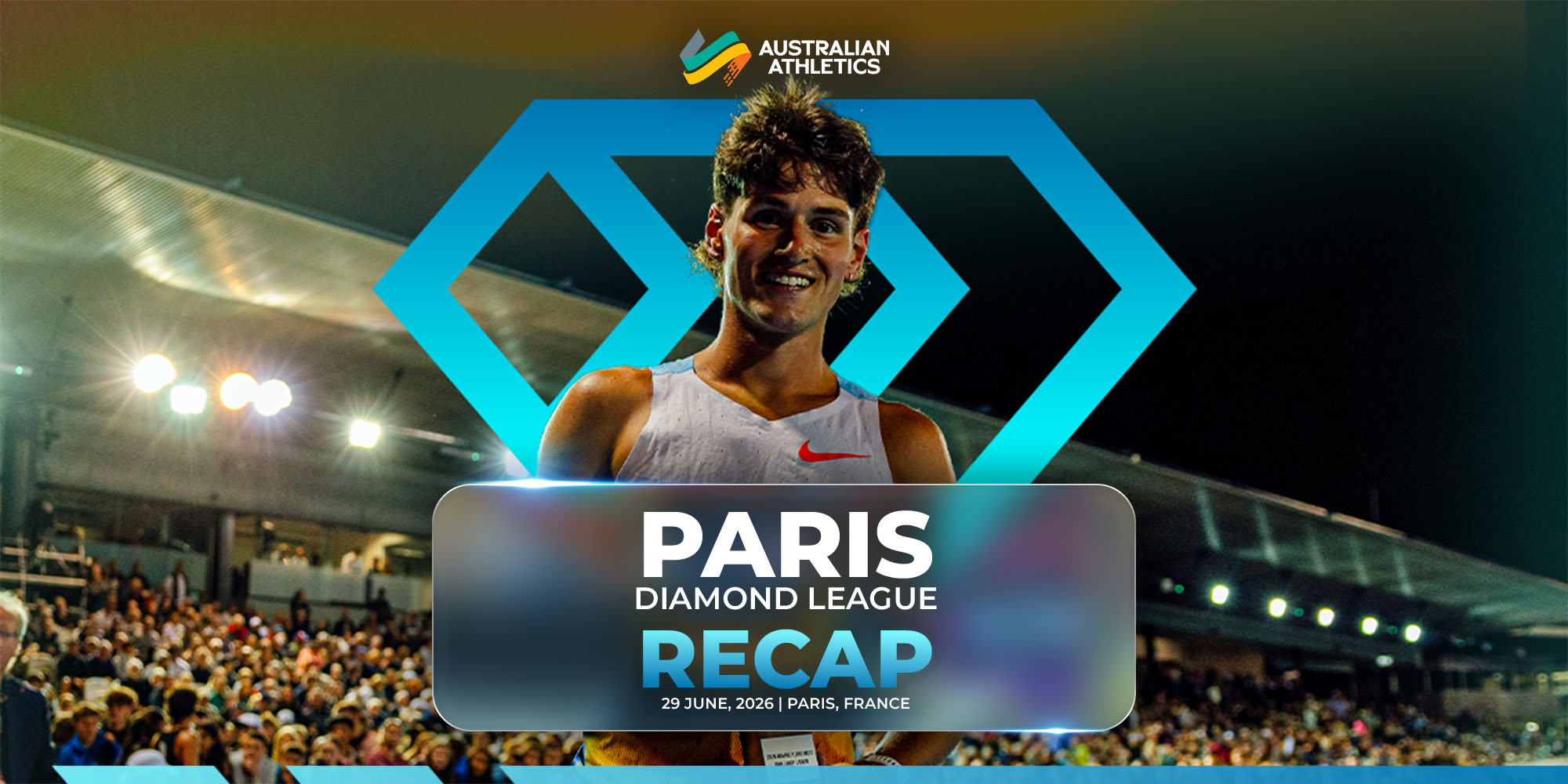 Athlete smiling at a track stadium with Paris Diamond League Recap banner and Australian Athletics logo in the background.