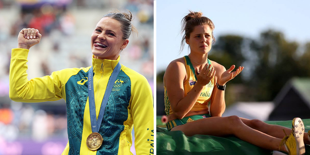 Female Australian athlete in yellow/green jacket raises a fist and wears a bronze medal, celebrating on a podium.