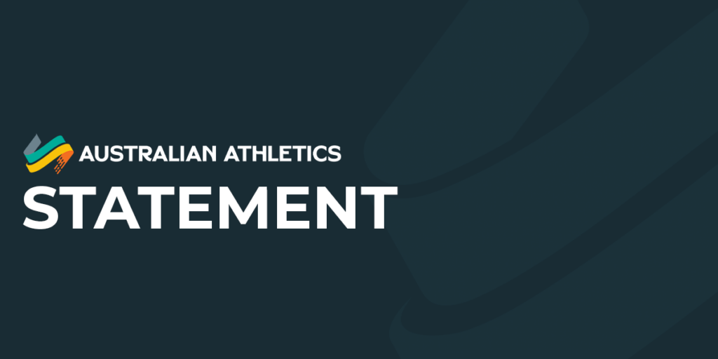 Australian Athletics Statement title with colorful logo on a dark teal background.