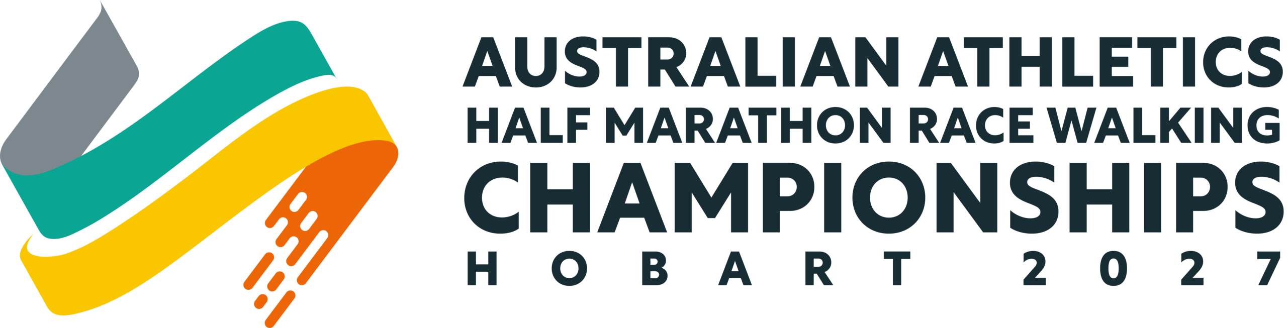 Logo for the Australian Athletics Championships Hobart 2027, featuring teal, yellow, and gray swoosh and a running motion motif.