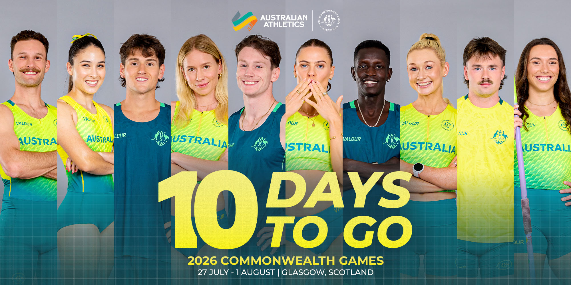 Group of diverse Australian athletes in neon uniforms posing for a 2026 Commonwealth Games promotional banner with bold '10 DAYS TO GO' text and event details.