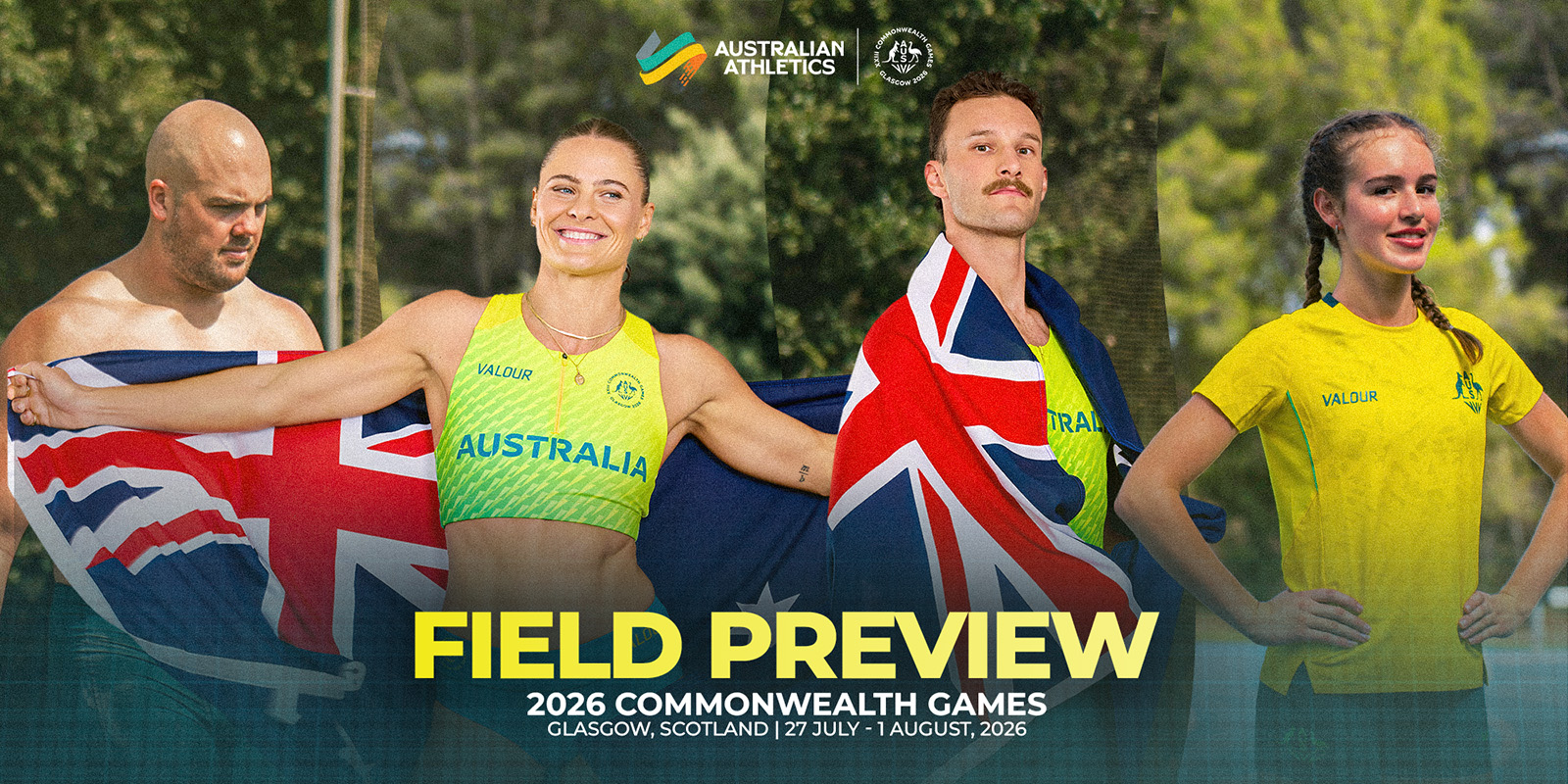 Promotional banner for the 2026 Commonwealth Games Field Preview showing four athletes with national flags (UK and Australia) and event logos at the top. Text reads: Field Preview, Glasgow 2026.