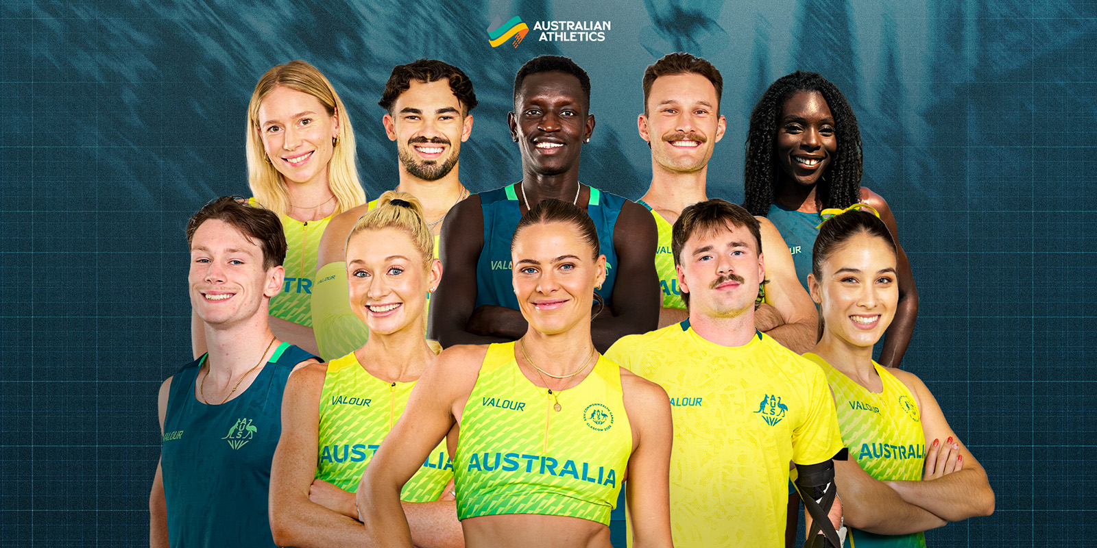 Group photo of diverse Australian track and field athletes in blue and yellow uniforms, smiling confidently at the camera.