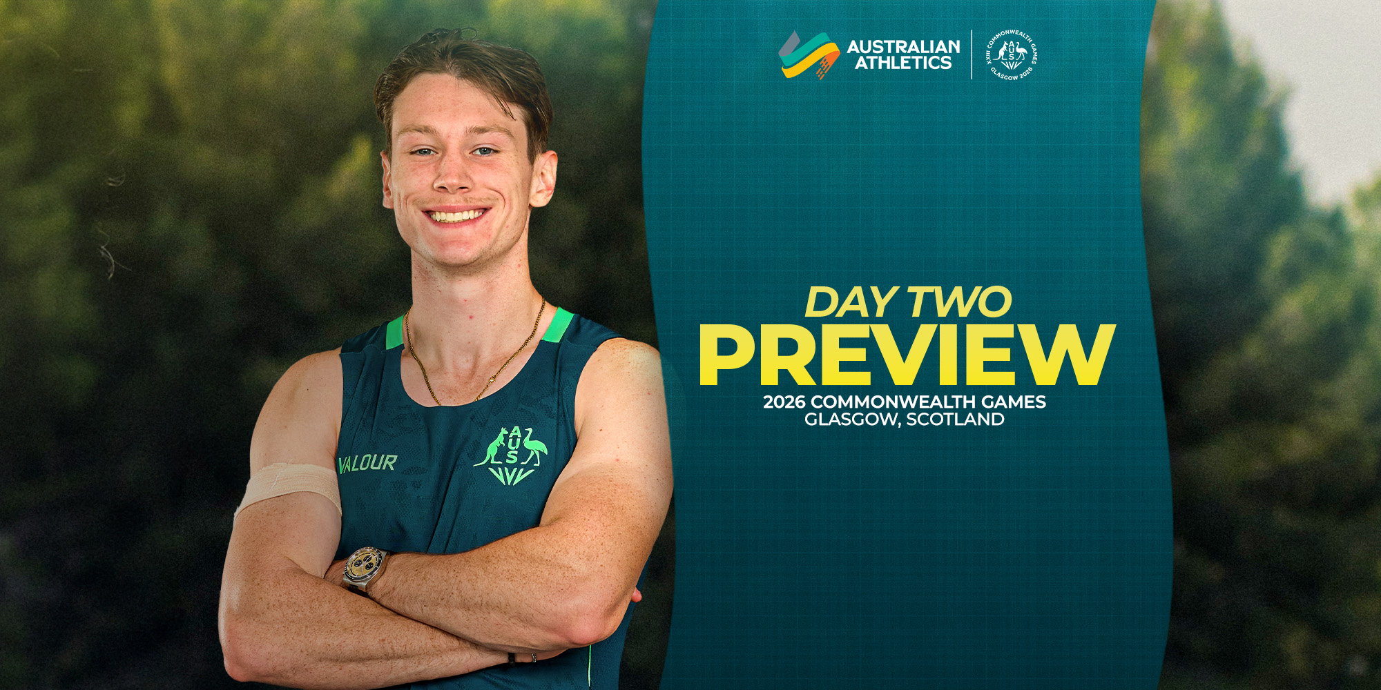 Male athlete in a teal Australian athletics vest smiles with arms crossed beside a teal event banner reading 'Day Two Preview' for the 2026 Commonwealth Games in Glasgow, Scotland.
