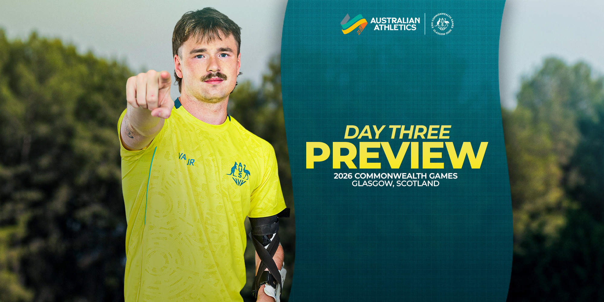 Male athlete in a neon yellow jersey points at the camera next to a teal banner reading 'Day Three Preview' for the 2026 Commonwealth Games in Glasgow, Scotland (logo visible).
