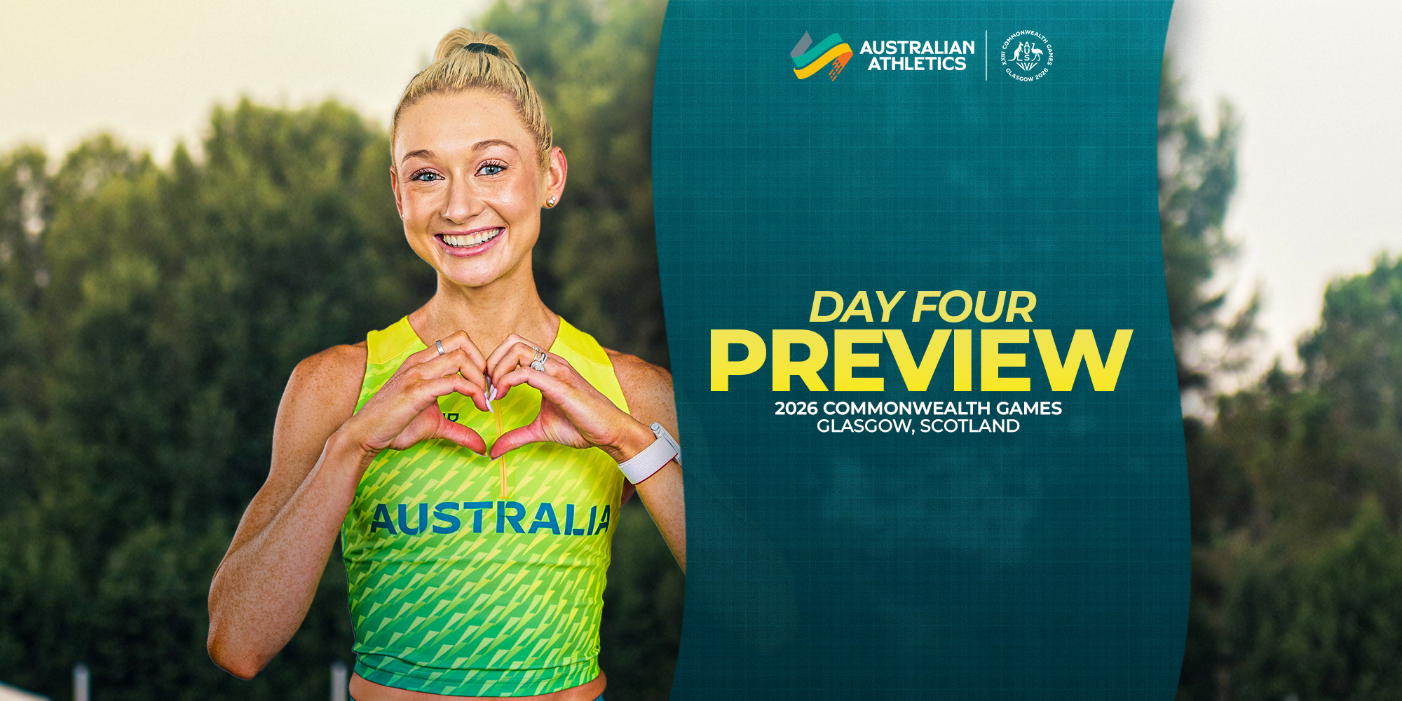 Smiling Australian athlete in a neon kit making a heart shape with her hands beside a teal Day Four Preview banner for the 2026 Commonwealth Games, Glasgow London (sic Glasgow).