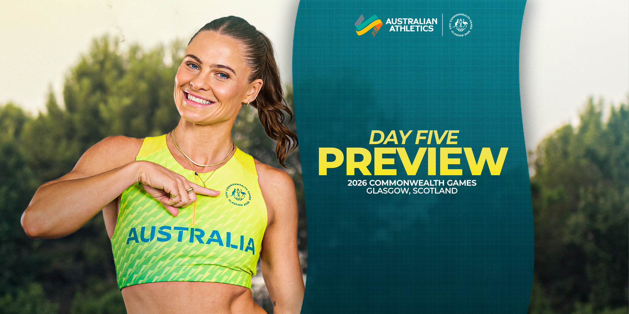 Smiling female athlete in a neon Australia top beside a teal banner that reads 