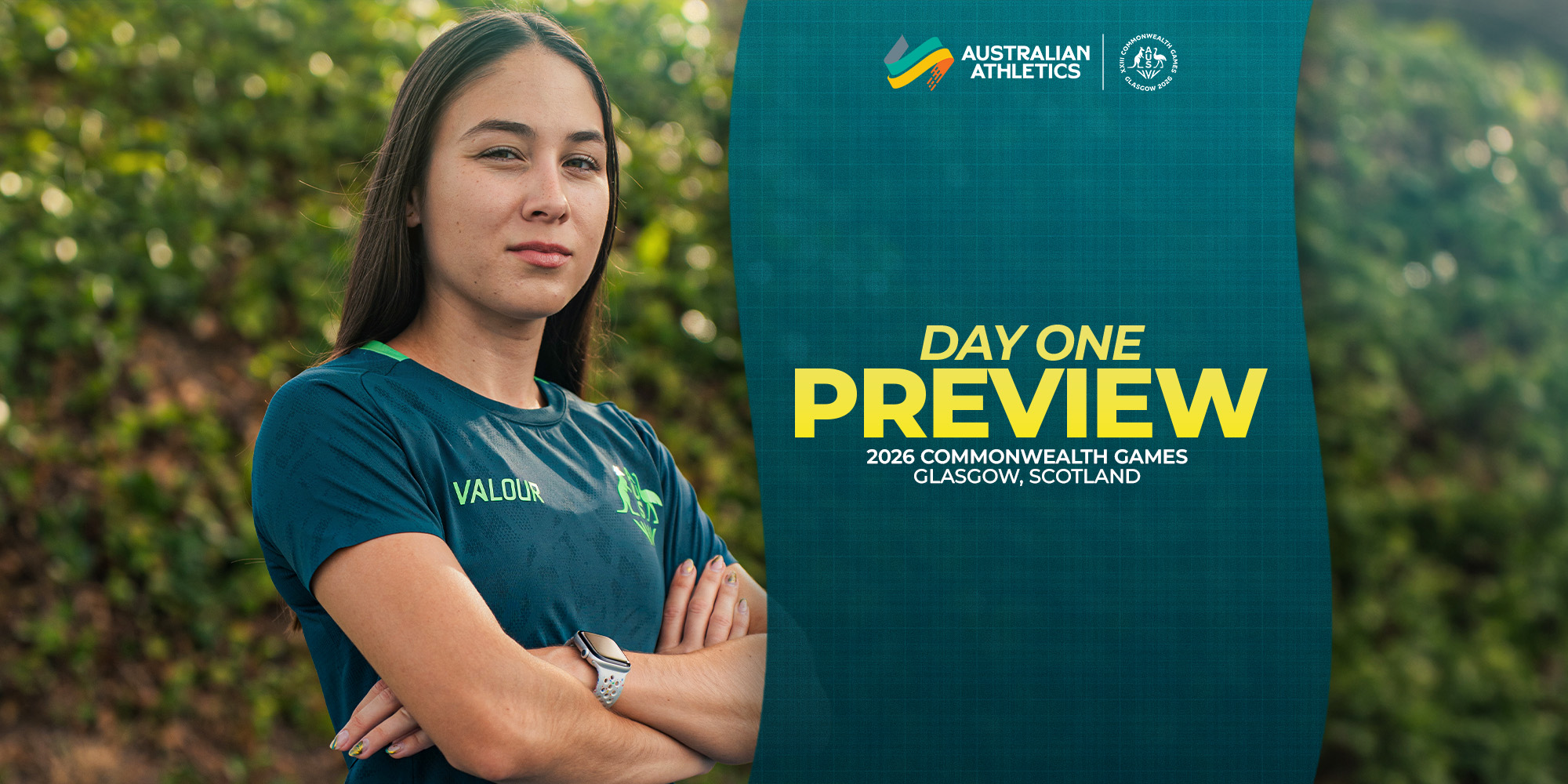 Athlete with arms crossed in a teal shirt beside a teal banner that reads Day One Preview for the 2026 Commonwealth Games in Glasgow, Scotland.