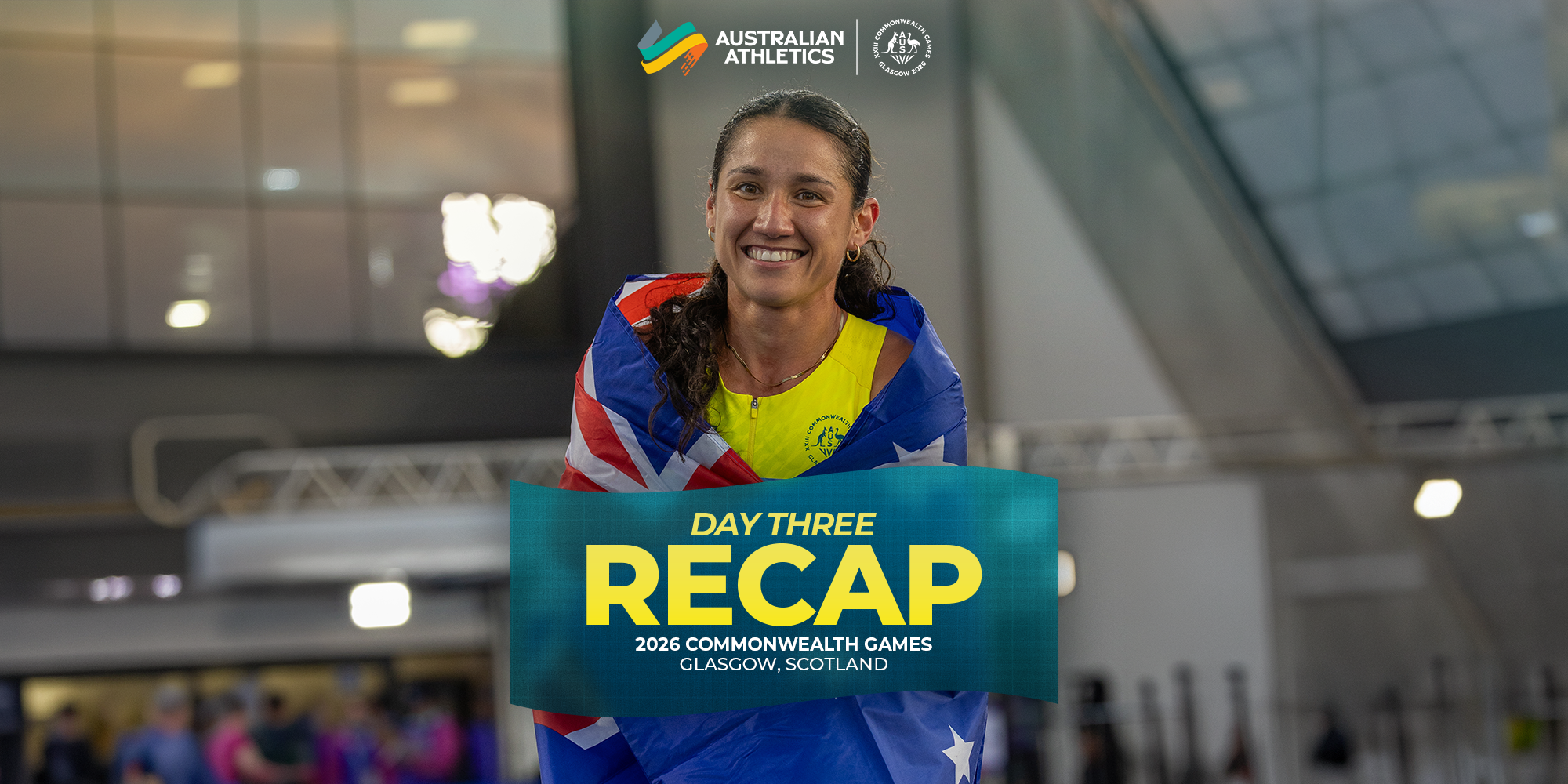 Smiling female athlete wrapped in the Australian flag during Day Three Recap at the 2026 Commonwealth Games in Glasgow, Scotland