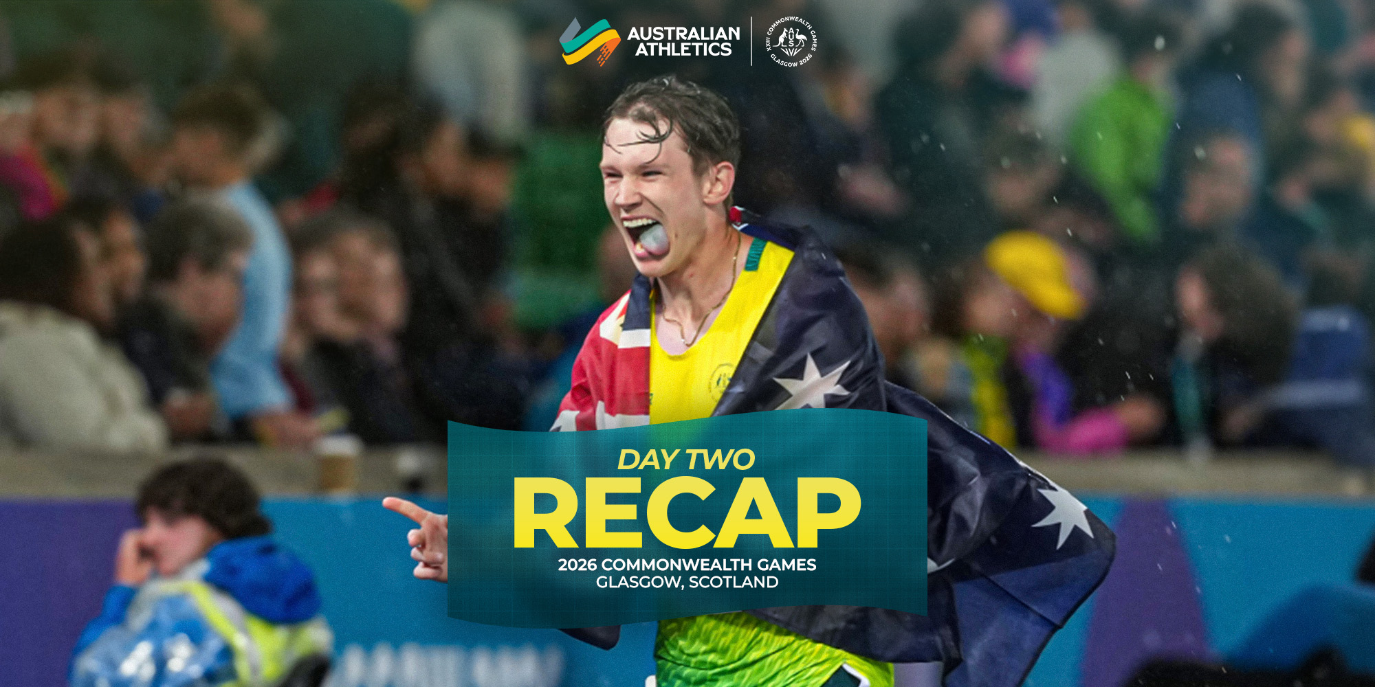 Athlete celebrating with a flag draped around shoulders, on a Day Two Recap banner for the 2026 Glasgow Commonwealth Games.