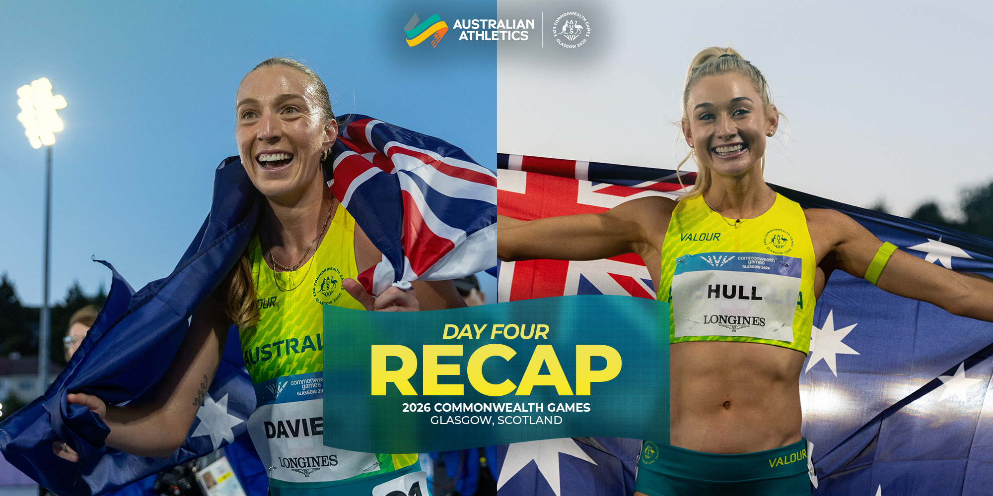 Two female athletes in neon-green uniforms celebrate with flags—UK on the left and Australia on the right—during a Day Four Recap banner for the 2026 Commonwealth Games in Glasgow, Scotland.