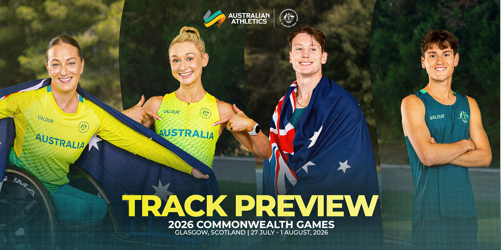 Promotional banner for the 2026 Commonwealth Games track preview with Australian athletes posing and flags, plus logos at the top.