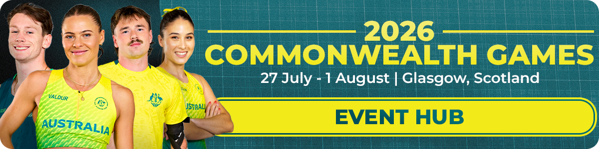 Banner for the 2026 Commonwealth Games in Glasgow, Scotland (July 27–Aug 1), featuring Australian athletes and a yellow 'Event Hub' button