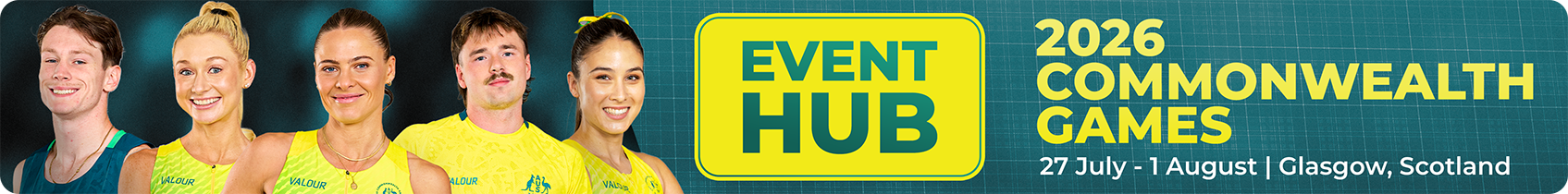 Banner for the 2026 Commonwealth Games Event Hub in Glasgow, Scotland, featuring five athletes in yellow outfits against a teal background.