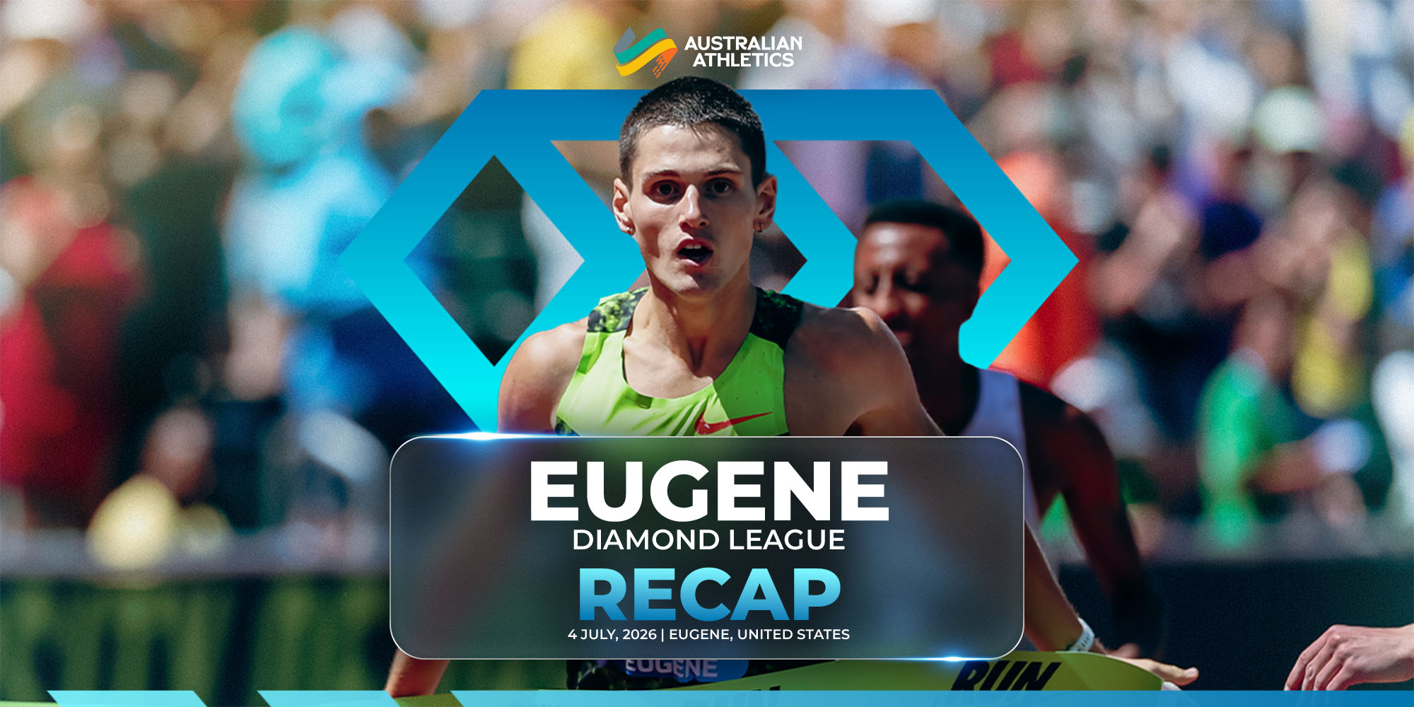 Banner featuring a male sprinter in a neon green vest racing toward the camera, with Australian Athletics logo and 'Eugene Diamond League Recap' text overlay, crowd background.