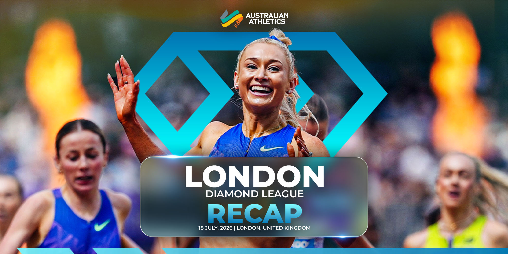 Smiling female sprinter in a blue top with a teal geometric Diamond League background and the London Diamond League Recap title overlay.