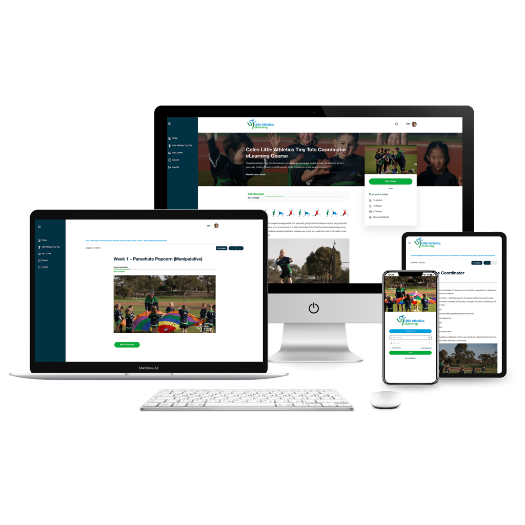 Responsive eLearning platform shown across devices (desktop, laptop, tablet, and phone) with course content on screen.