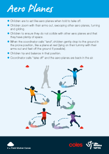 Poster titled Aero Planes with safety tips for kids about making and flying paper planes; colorful illustration of children throwing planes.