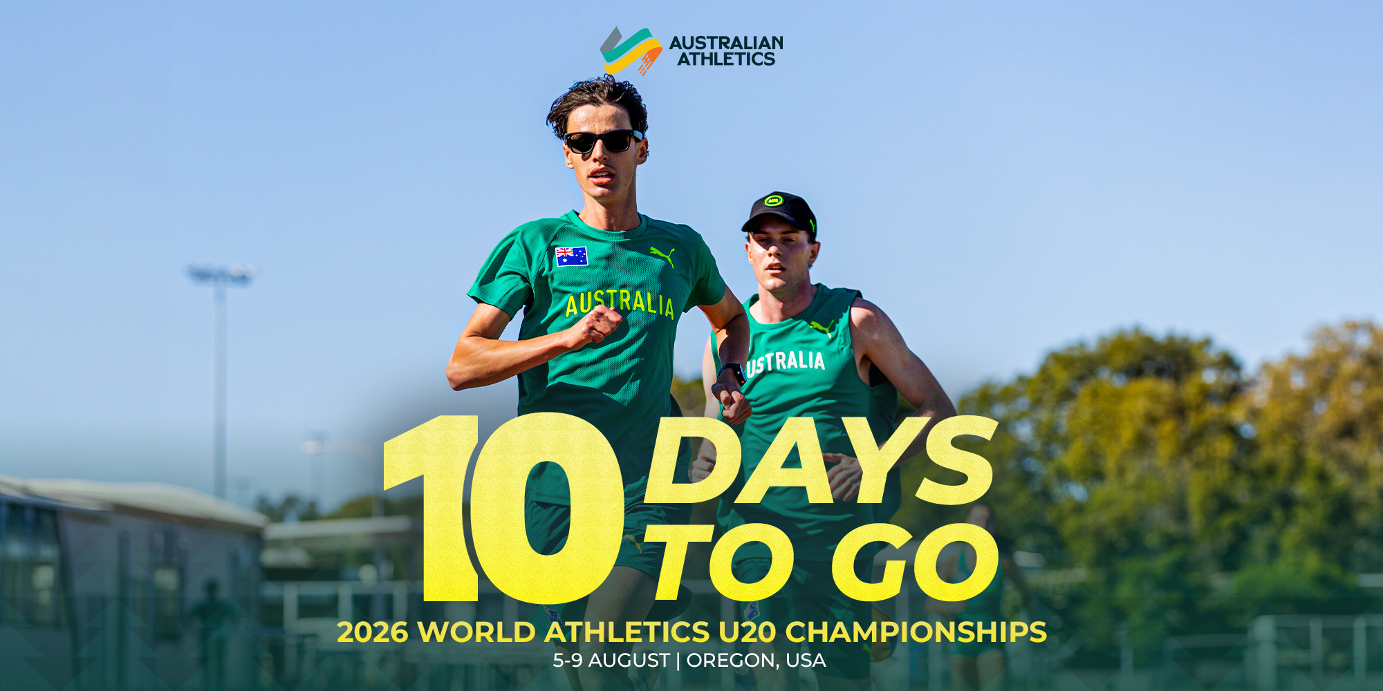 Banner for 2026 World Athletics U20 Championships with Australia runners and logo; reads '10 DAYS TO GO' and event details.