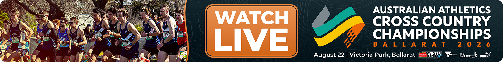 Banner with a pack of runners and a prominent 'WATCH LIVE' badge for the Australian Athletics Cross Country Championships Ballarat 2026, Aug 22, at Victoria Park.