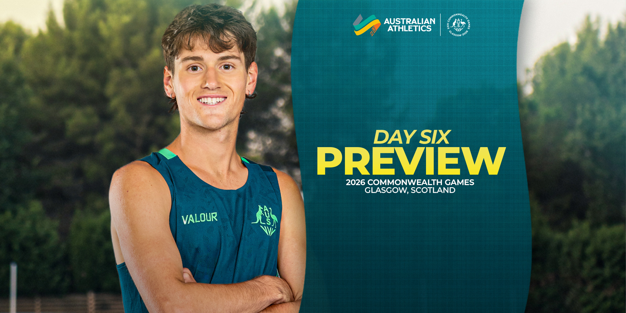 Male athlete in teal sports vest smiles with arms crossed, banner reads 'Day Six Preview' for 2026 Commonwealth Games Glasgow, Scotland