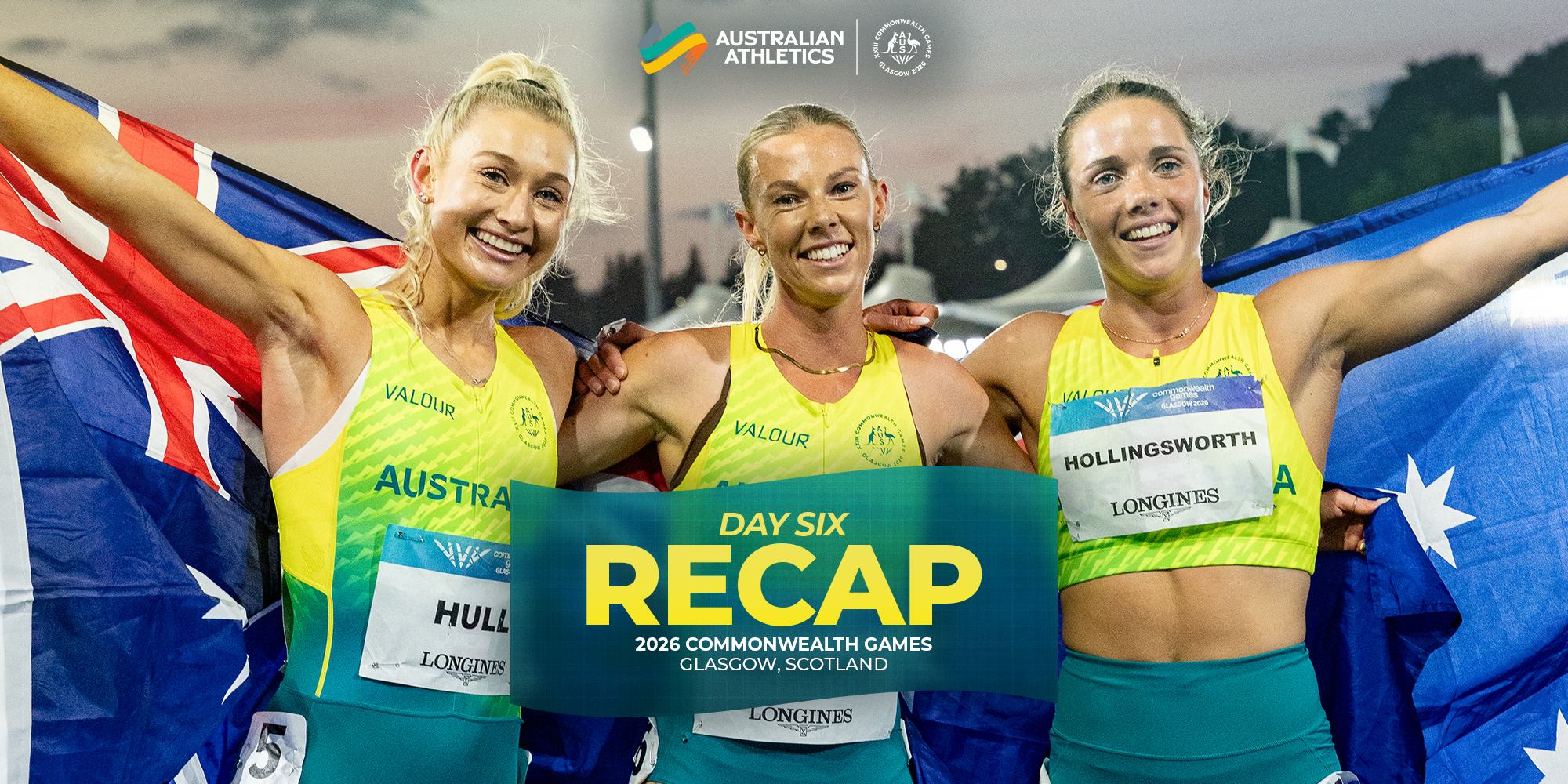 Three smiling Australian runners pose with flags, celebrating at the 2026 Commonwealth Games recap event in Glasgow with a bold Recap banner in front.
