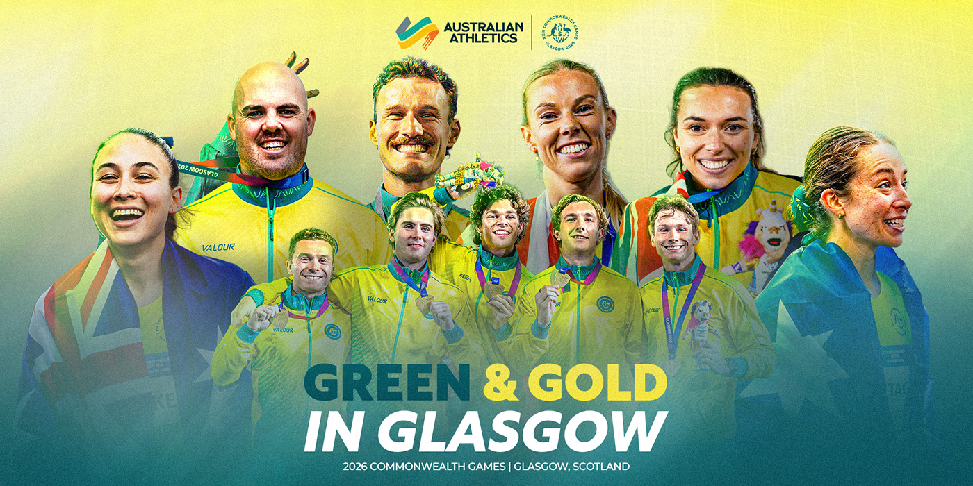 Athletes in green and gold uniforms pose on a banner that reads 'Green & Gold in Glasgow' with Commonwealth Games branding above.