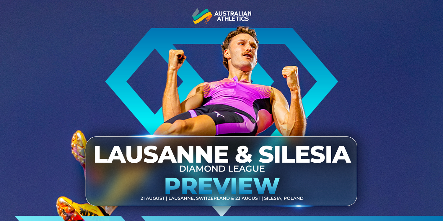 Promotional banner for Lausanne & Silesia Diamond League Preview featuring a male athlete leaping against a blue geometric backdrop.