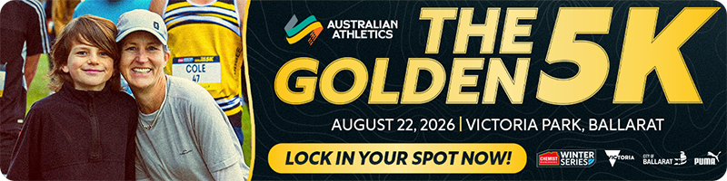 Woman and child smiling beside a race banner that reads 'The Golden 5K' by Australian Athletics, promoting the August 22, 2026 event at Victoria Park, Ballarat, with a 'Lock in your spot now' callout.