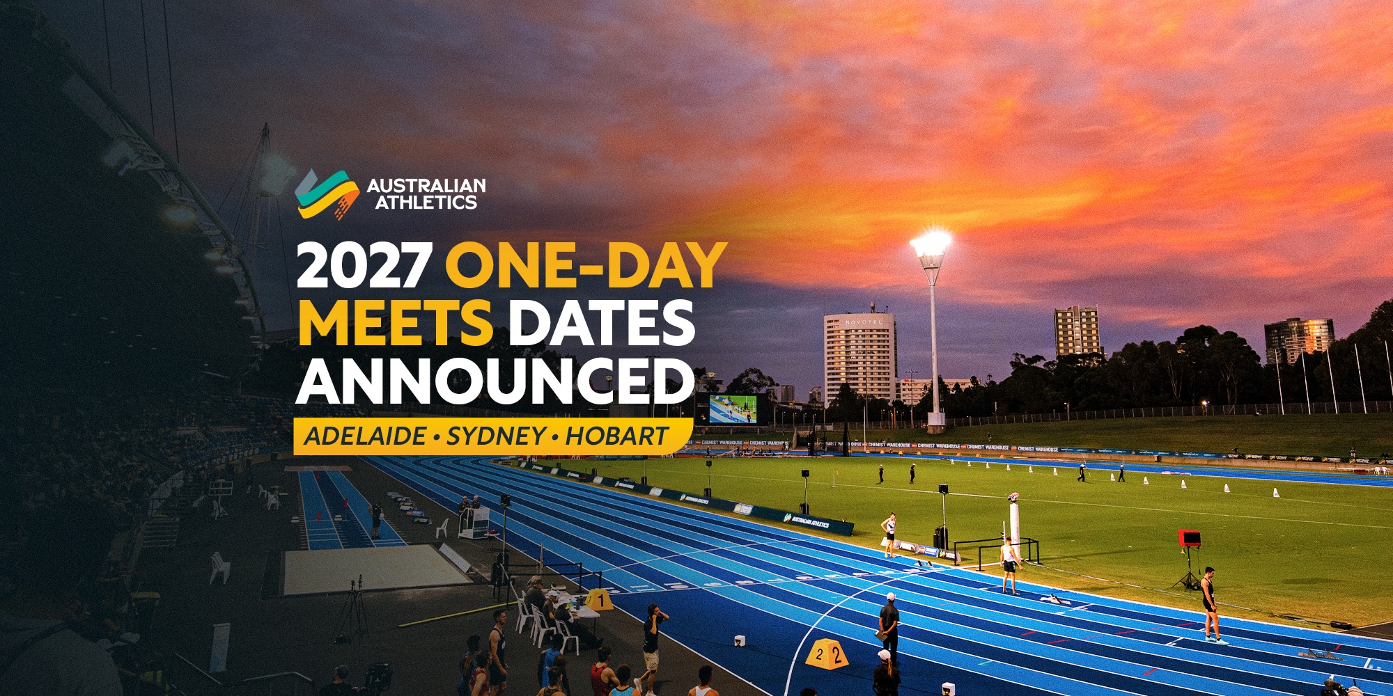Banner announcing 2027 one-day meets dates in Adelaide, Sydney, Hobart with Australian Athletics logo at sunset stadium.