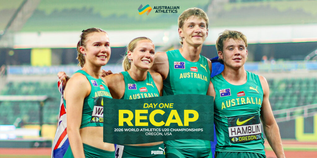 Four Australian athletes in teal uniforms pose together with a large 'RECAP' banner at the 2026 World Athletics U20 Championships in Oregon, USA.