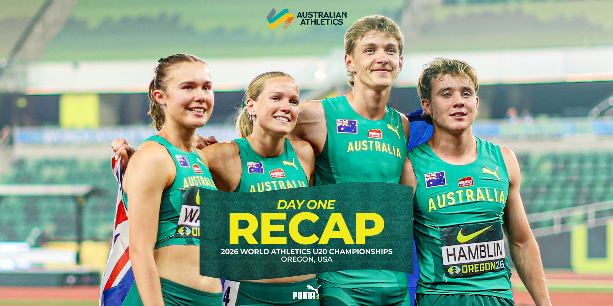 Four Australian athletes in teal uniforms pose together with a large 'RECAP' banner at the 2026 World Athletics U20 Championships in Oregon, USA.