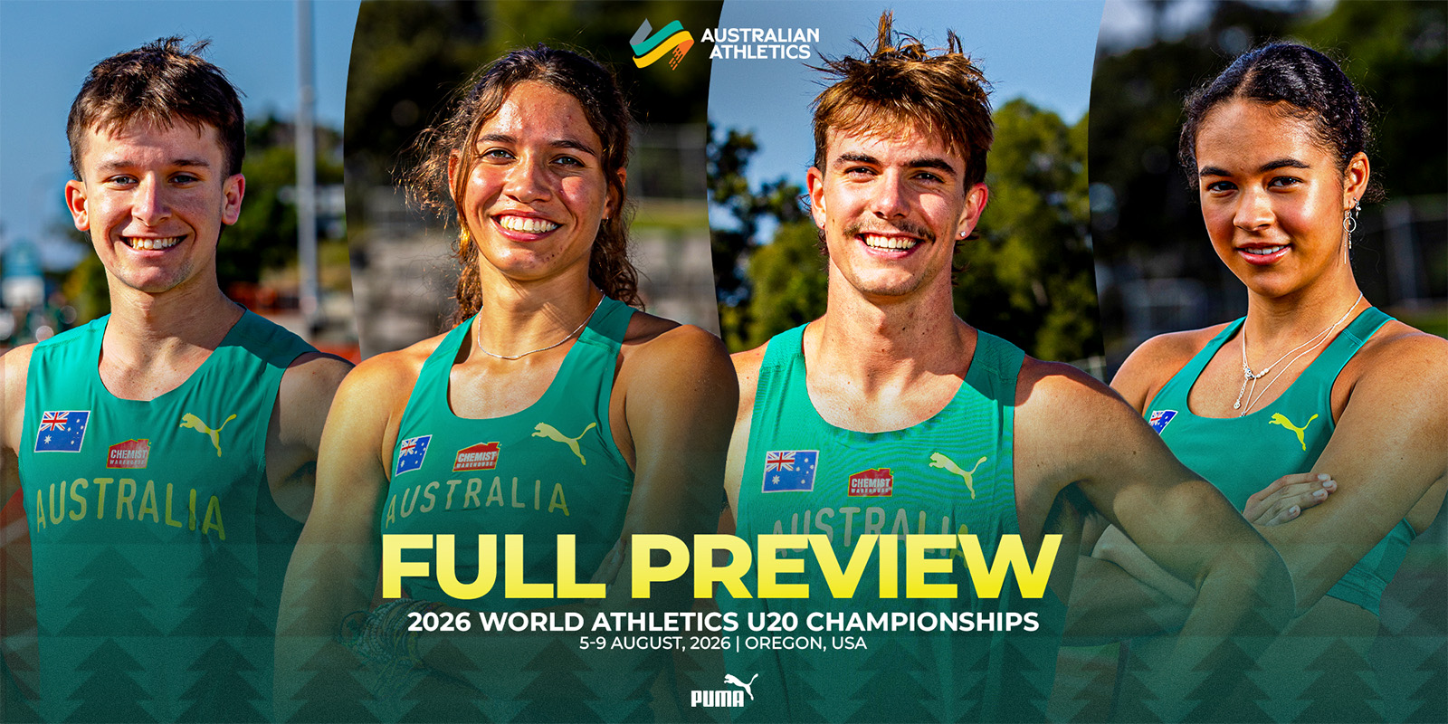 Four Australian athletes in green uniforms smile for a promo image announcing the 2026 World Athletics U20 Championships in Oregon, with bold 'FULL PREVIEW' text overlay.
