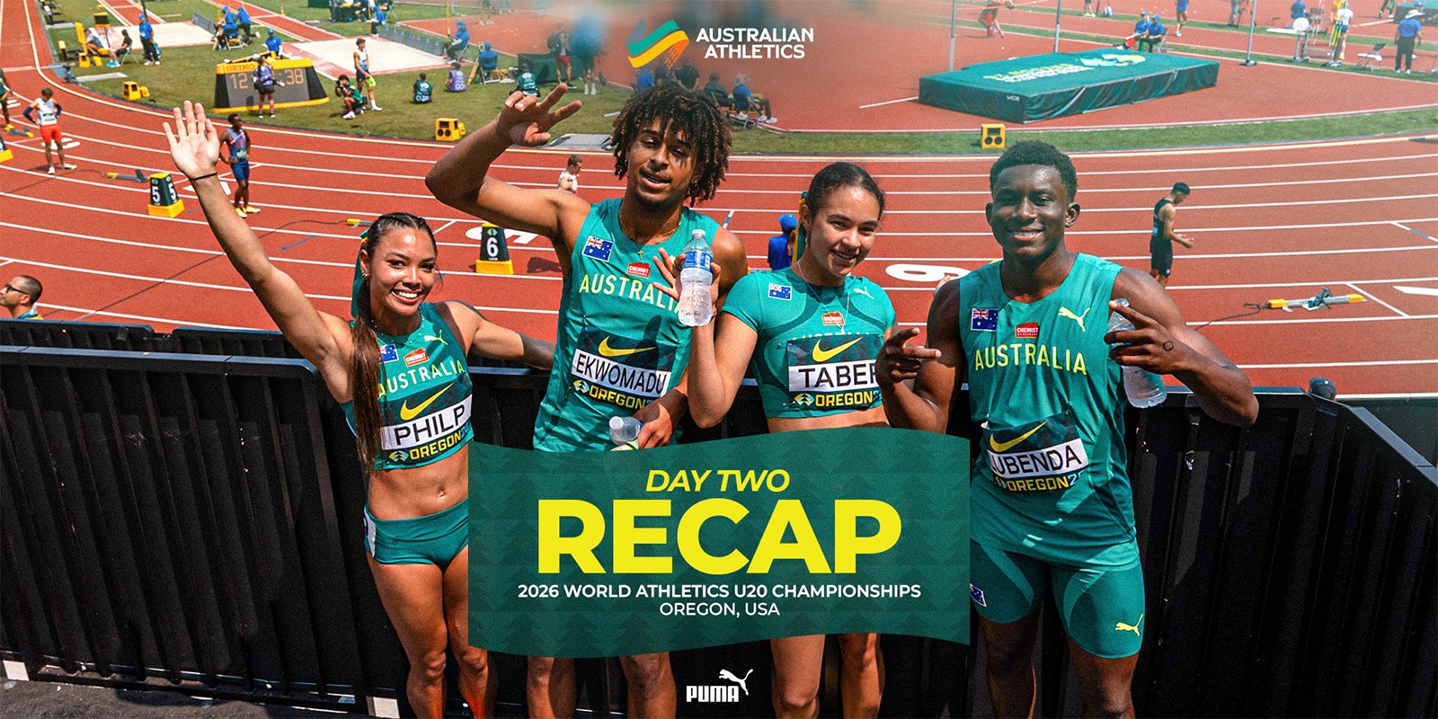 Four Australian track athletes pose behind a teal banner reading 'DAY TWO RECAP' at the 2026 World Athletics U20 Championships in Oregon, USA, with a red running track in the background and 'Australia' on their uniforms.