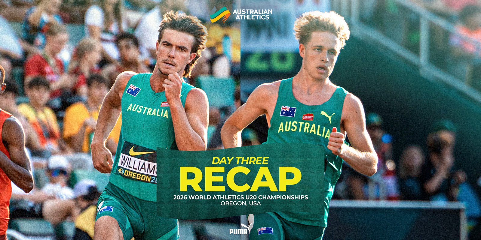 Australian runners in green Australia uniforms sprint during a race; banner reads DAY THREE RECAP for 2026 World Athletics U20 Championships, Oregon, USA at top center