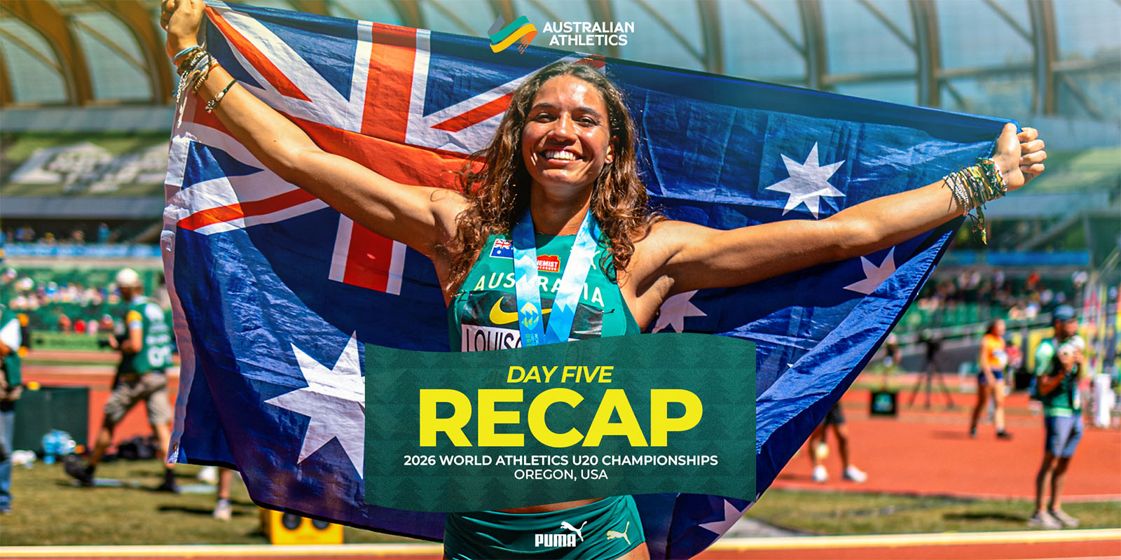 Athlete smiling with arms raised, holding an Australian flag at a track stadium during the 2026 World Athletics U20 Championships; overlay reads 'Day Five Recap'.