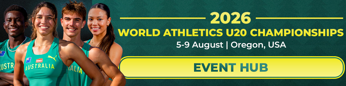 Banner advertising the 2026 World Athletics U20 Championships in Oregon, USA, with four athletes and a yellow EVENT HUB button