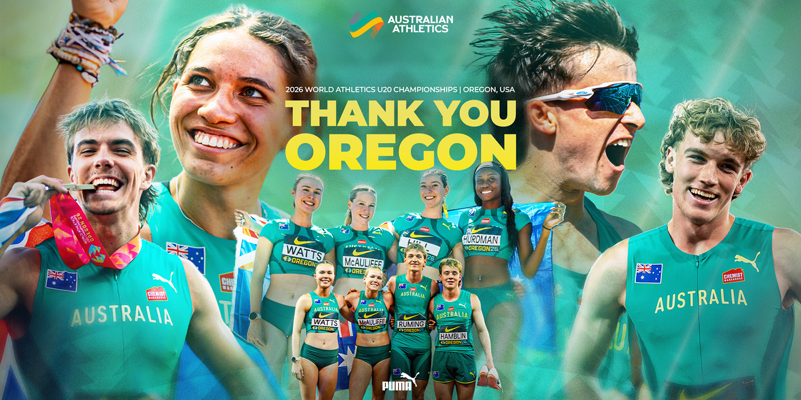 Collage of Australian athletes celebrating at the 2026 World Athletics U20 Championships in Oregon with a bold 'THANK YOU OREGON' headline.