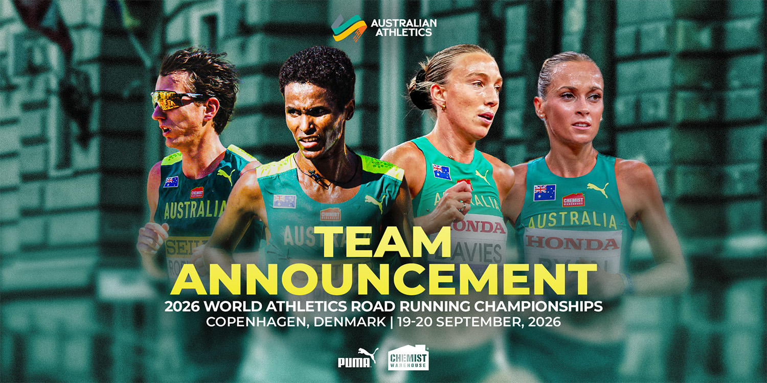 Four Australian runners in teal uniforms sprint together, overlaid with 'TEAM ANNOUNCEMENT' and 2026 Copenhagen road running championships details.